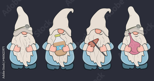 Four Gnome doctors with medicine, a medical hammer and an enema in their hands. Vector illustration