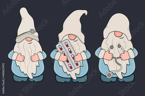 Doctor Gnomes with pills and tools in their hands. Vector illustration
