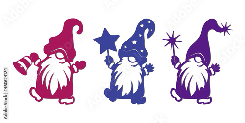 Dancing dwarfs stencils. Gnomes with a bell, with a star, a gnome with a magic wand. Winter decorations. Objects for cutting.