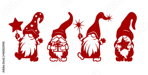 Dancing dwarfs stencils. Gnome with a gift, with a star and a gnome with a magic wand. Winter decorations. Objects for cutting photo