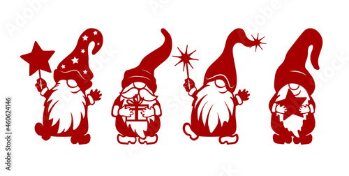 Dancing dwarfs stencils. Gnome with a gift, with a star and a gnome with a magic wand. Winter decorations. Objects for cutting