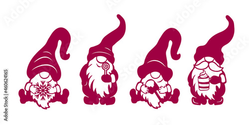 Four vector stencils of gnomes for cutting. Window decoration, gnome protrusion.