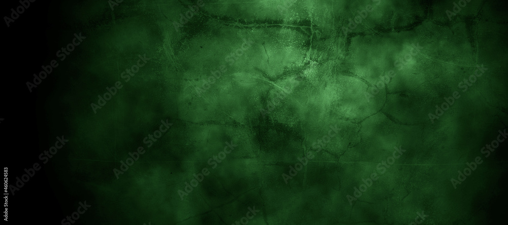 Scary dark green misty cracked wall for background