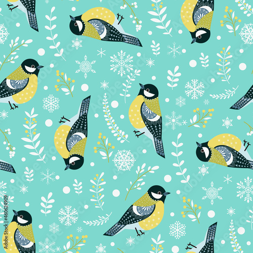 Holiday seamless pattern with titmouse
