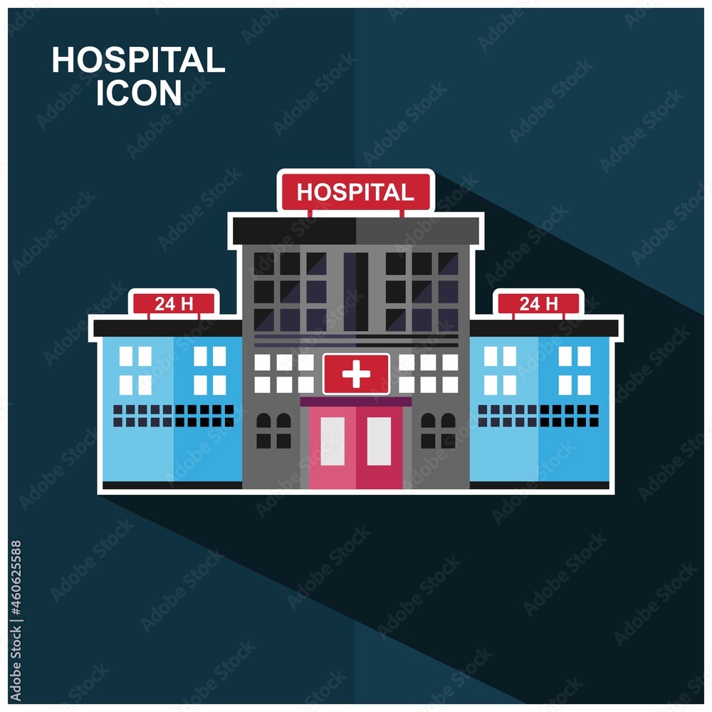 Hospital building flat icon with long shadow. an architectural design of a hospital building. Hospital Flat Color. Hospital icon, vector symbol in flat isometric style isolated. Hospital building flat icon with long shadow. an architectural design of a hospital building. Hospital Flat Color. Hospital icon, vector symbol in flat isometric style isolated.