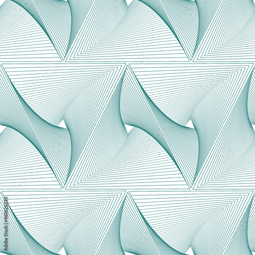 Guilloche vector background grid. Seamless pattern. Moire ornament texture with waves. Green triangle tile.