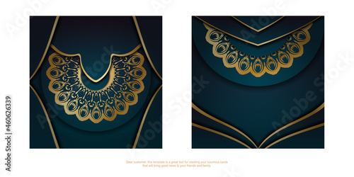 Greeting card template with gradient blue color with vintage gold pattern prepared for printing.