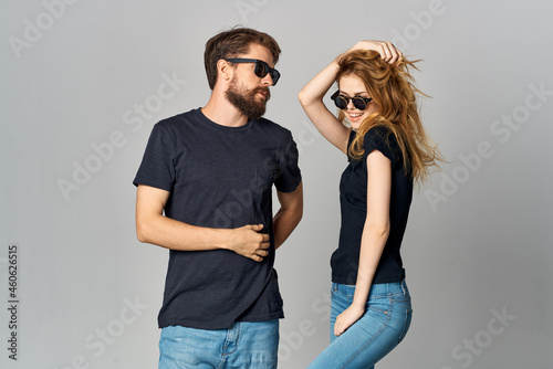 married couple friendship communication romance wearing sunglasses light background