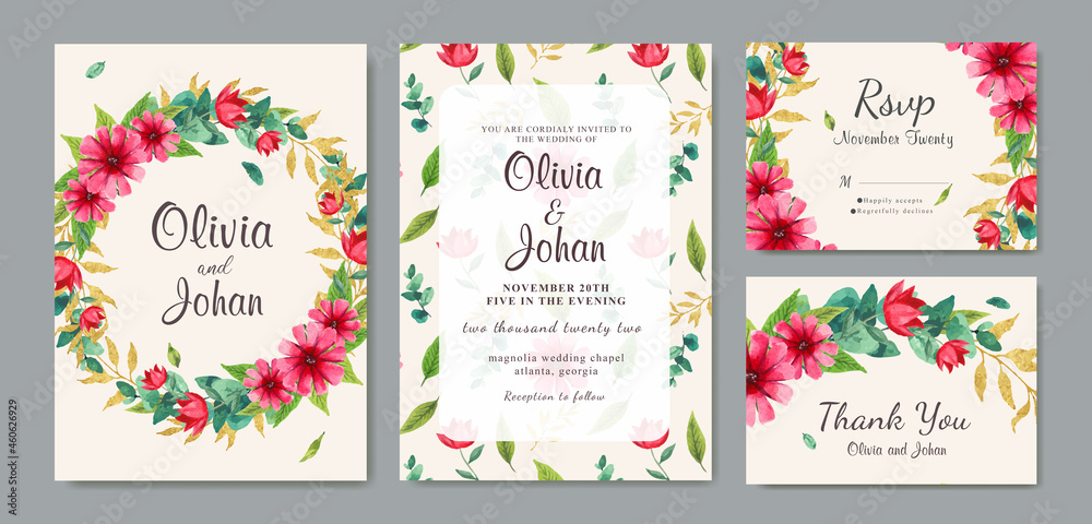 Wedding invitation wreath with beautiful floral background watercolor