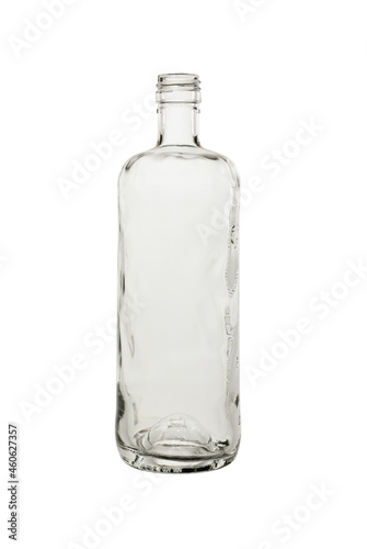 Empty, open glass bottle for wine or vodka. Isolated on a white background, close-up