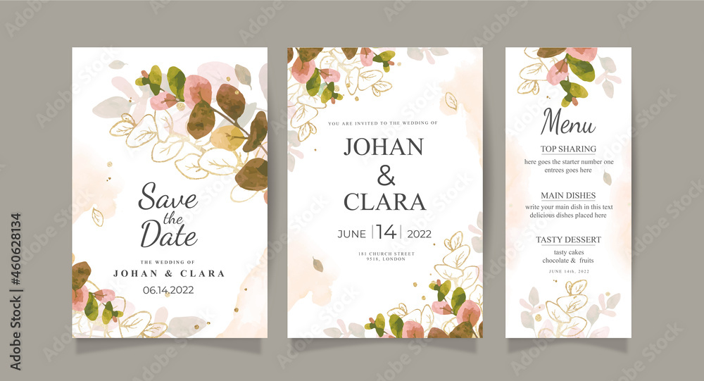 Autumn wedding invitation card template with watercolor leaves and gold