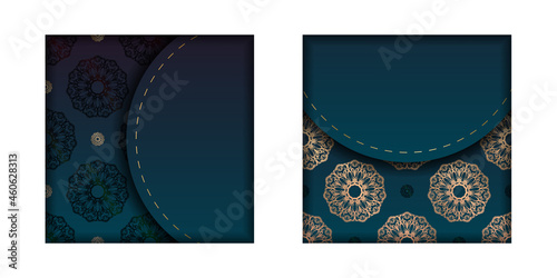 Greeting card template with gradient blue color with greek gold pattern prepared for printing.