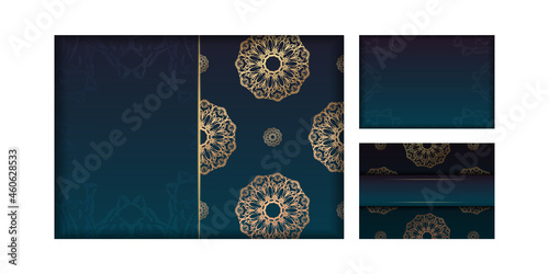 Greeting card template with gradient blue color with greek gold ornaments prepared for printing.