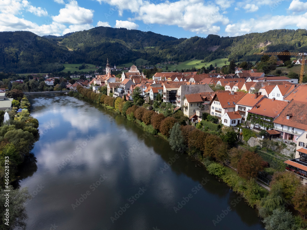 aerial view of city Frohnleiten on Mur river in Styria, Austria
