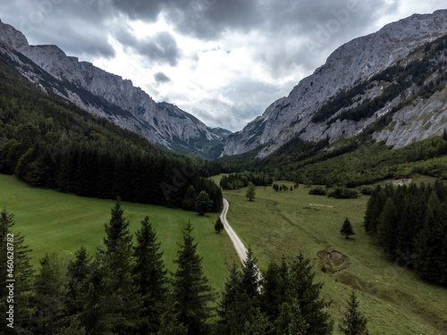 aerial view of alpine scenery near village Seewiesen on mountain range Hochschwab in Styria, Austria photo