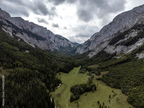 aerial view of alpine scenery near village Seewiesen on mountain range Hochschwab in Styria, Austria photo