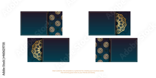 Gradient blue business card template with vintage gold pattern for your contacts.