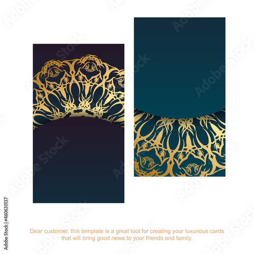 Gradient blue business card template with vintage gold ornaments for your contacts.