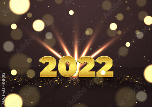 Elegance 2022 New Year banner with golden confetti and luminous particles on dark background. Holiday vector illustration. Metallic gold numerals with crumbs strewn on the floor. Scattered confetti.