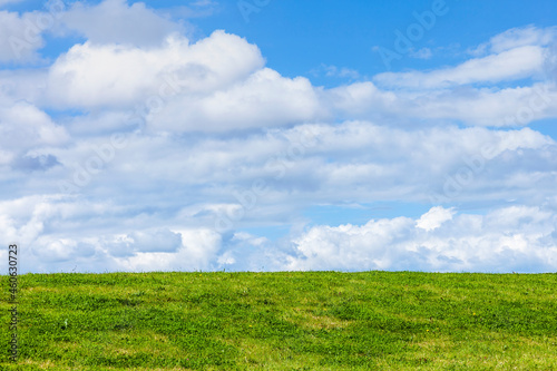 Green grass background showing an horizon of cumulous fluffy clouds with a blue sky in an agricultural pasture field, stock photo image with copy space