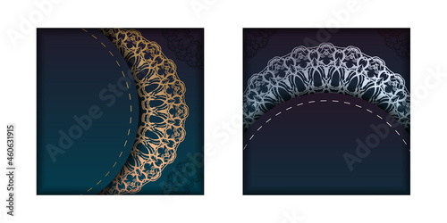 Template Greeting Brochure with gradient blue color with mandala gold pattern prepared for typography.