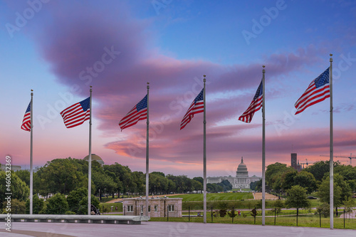 United States Capitol building silhouette and US flags at sunrise - Washington DC