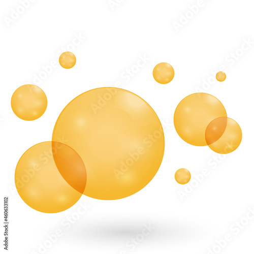 Fizzing air golden bubbles on white background. Golden Oil Bubbles. Realistic Oil Drops, Cosmetic Vitamin Capsules, Collagen Essence, Serum Yellow. Vector