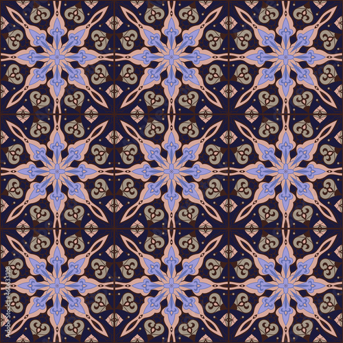 Dark blue ceramic tile background. Seamless pattern template. Intricate pottery tiles.