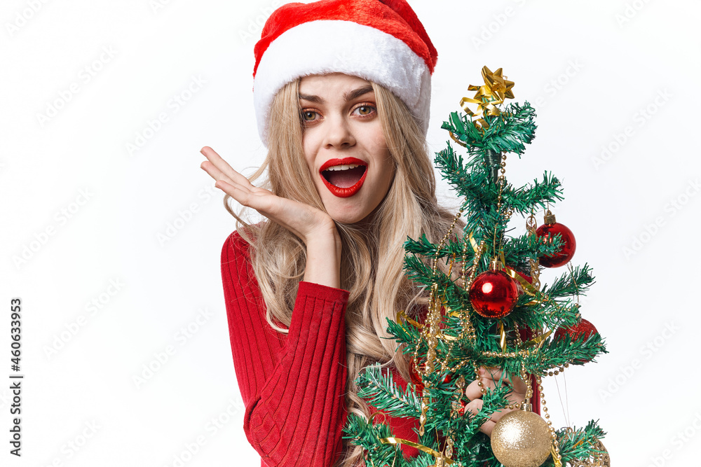 joyful woman dressed as Santa Christmas tree holiday gift lifestyle joyful woman dressed as Santa Christmas tree holiday gift lifestyle