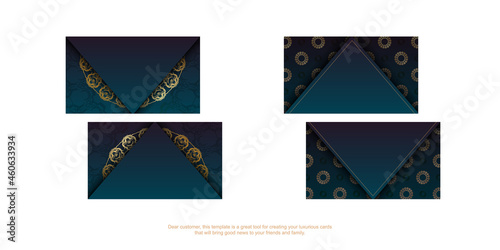 Gradient blue business card template with vintage gold ornaments for your personality.