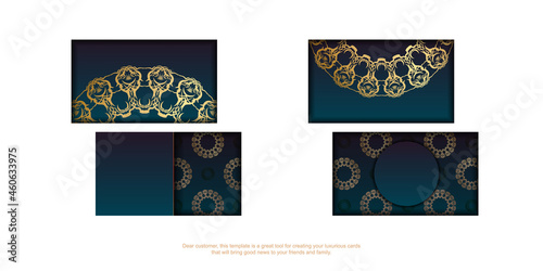 Business card template with gradient blue color with mandala gold pattern for your contacts.