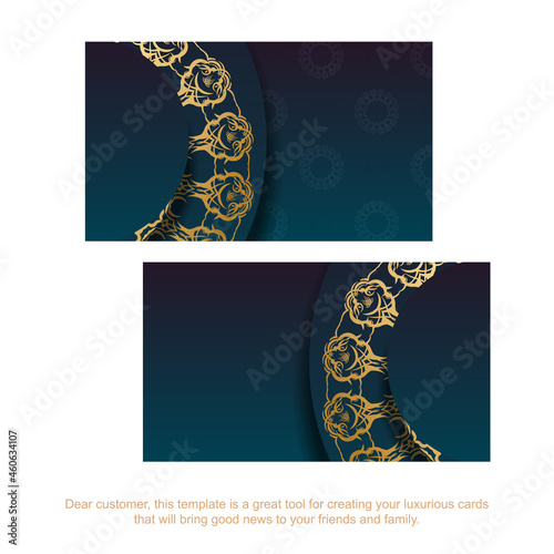 Business card template with gradient blue color with mandala gold ornament for your business.