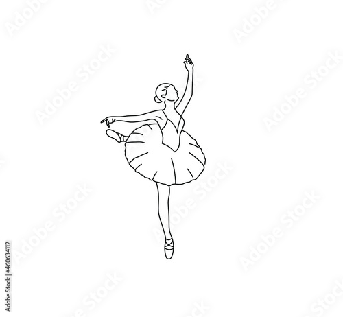 Vector isolated dancing woman ballet dancer silhouette contour drawing. Colorless black and white  balletic posture. Ballet graphic art poster element