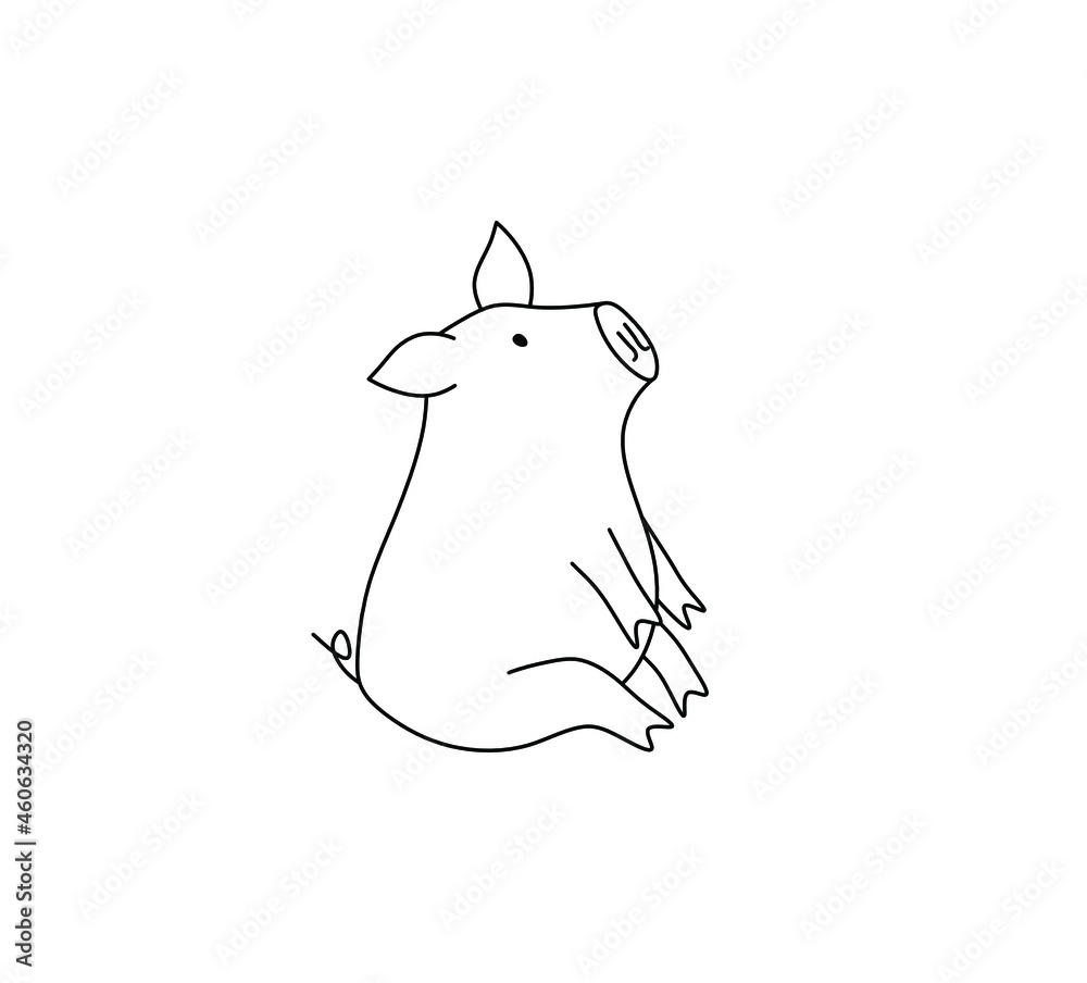 Vector isolated cute cartoon sitting pig contour black line drawing. Colorless black and white