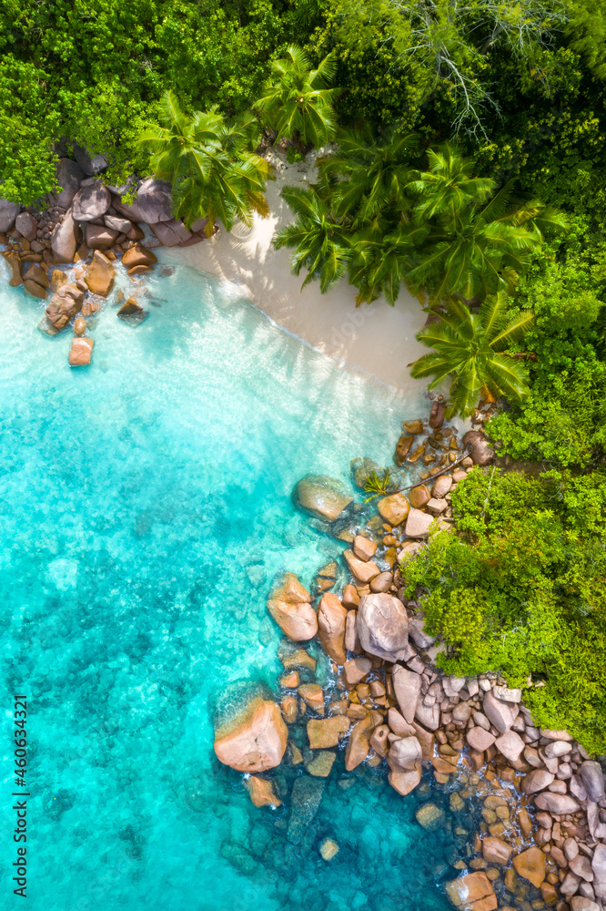 Secret small beach in the bay of Anse Lazio beach, Praslin, Seychelles