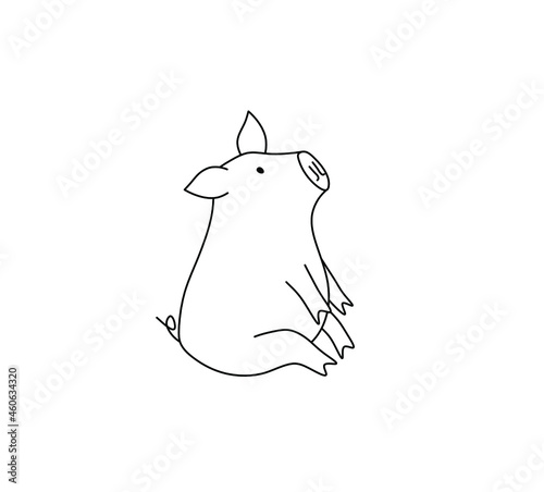 Vector isolated cute cartoon sitting pig contour black line drawing. Colorless black and white piglet coloring page