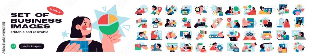 Business Concept illustrations. Mega set. Collection of scenes with men and women taking part in business activities. Vector illustration - obrazy, fototapety, plakaty 