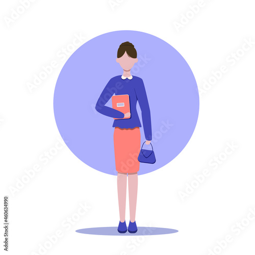 A teacher with a book in her hand in a formal suit. Without a face. Teacher's uniform. Flat style, vector illustration © Юлия Трегубенко