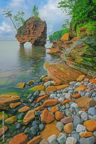 Summer landscape of sea stack and Lake Superior shoreline, Apostle Islands National Lakeshore, Wisconsin, USA