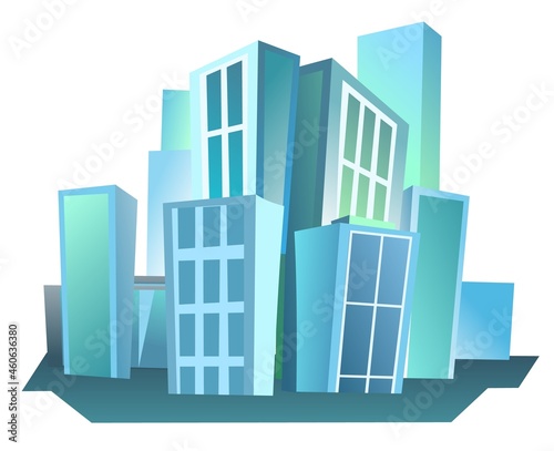Big city from afar. Pretty skyscrapers and large buildings. Cartoon flat style illustration. Blue city landscape Cityscape. Isolated on white background. Vector.