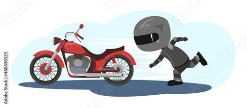 Biker cartoon. Child illustration.Runaway bike is catching up. Sports uniform and helmet. Cool motorcycle. Chopper. Funny motorcyclist. Isolated background. Vector