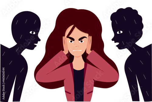 Schizophpenia symptome. Suicide thoungs. Mental disorder. Woman want to hang herself. Vector illustration