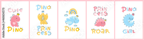 Dino baby princess collection of card posters with cute lettering. Childish simple scandinavian cartoon doodle style. A comic font ideal for room nursery. Pastel palette.