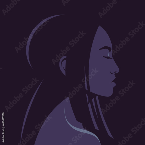 A portrait of an Asian young woman in profile. A fashion model   s head with her eyes closed on a dark background. Side view. Avatar. Vector flat illustration