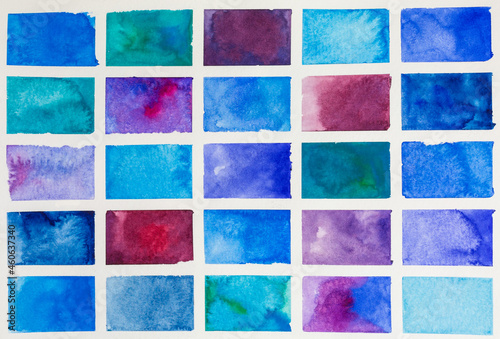 abstract watercolor background with rectangles in blue, green and purple