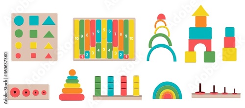 Set of Montessori wooden toys for early development isolated on a white background. Vector illustration