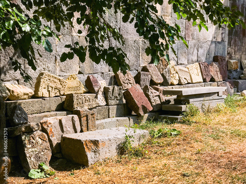 Stone artifacts in Gndevank monastery, Armenia. Historical sightseeing landmarks in Armenia. photo