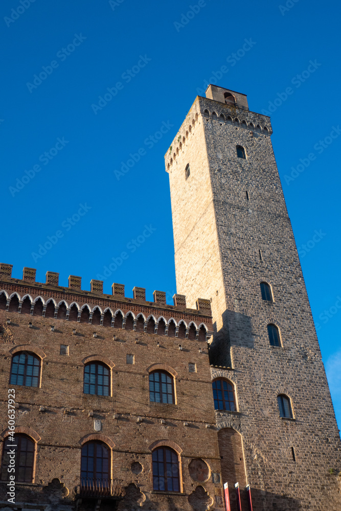 Streets and buildings of little ancient town of San Gimignano, Tuscany, along via Francigena