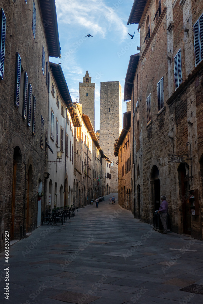 Streets and buildings of little ancient town of San Gimignano, Tuscany, along via Francigena