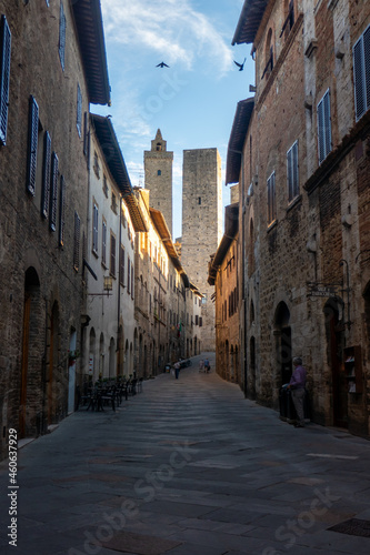 Streets and buildings of little ancient town of San Gimignano  Tuscany  along via Francigena